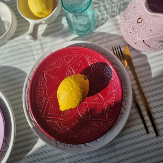 Petite Assiette à Dessert Marocaine Rouge en Céramique - Collection Empreinte (19 cm)