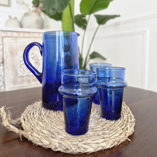 Ensemble Carafe et 3 Verres Beldi Bleus - Service à Eau en Verre Soufflé 100% Recyclé