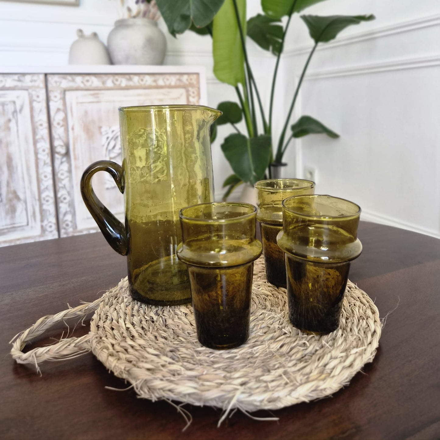 Ensemble Carafe et 3 Verres Beldi Marron - Service à Eau en Verre Soufflé 100% Recyclé