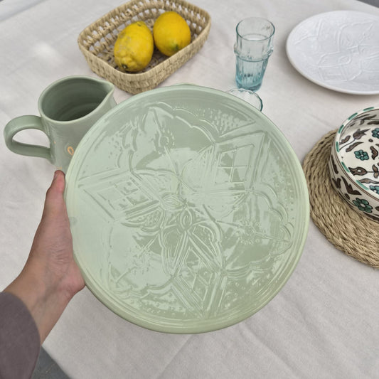Grande Assiette Marocaine Vert Mint en Céramique - Collection Empreinte Fait Main (25 cm)